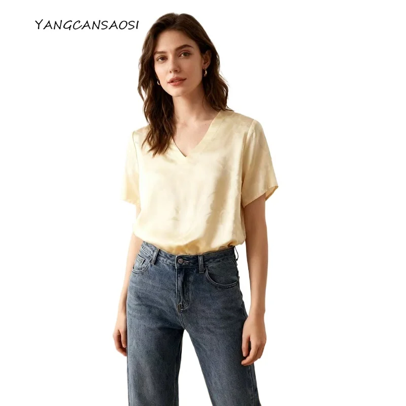 

Women's Fashion Clothing 28MM 100%Natural Mulberry Silk Jacquard Satin Light Yellow V-neck Short Sleeve Versatile Casual T-shirt