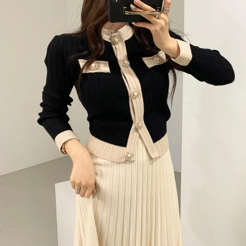 Dzianiny 2 sztuk zestaw kobiet pojedyncze guziki sweter Crop Cardigan + długie, plisowane spódnice z dzianiny urząd Lady 2 sztuk zestawy garniturów