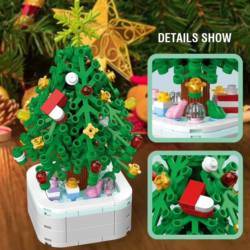 Mini árbol de Navidad en maceta, bloques de construcción ensamblados, juguetes para niños, adornos de escritorio, fiesta, regalo de Navidad para niñas y niños