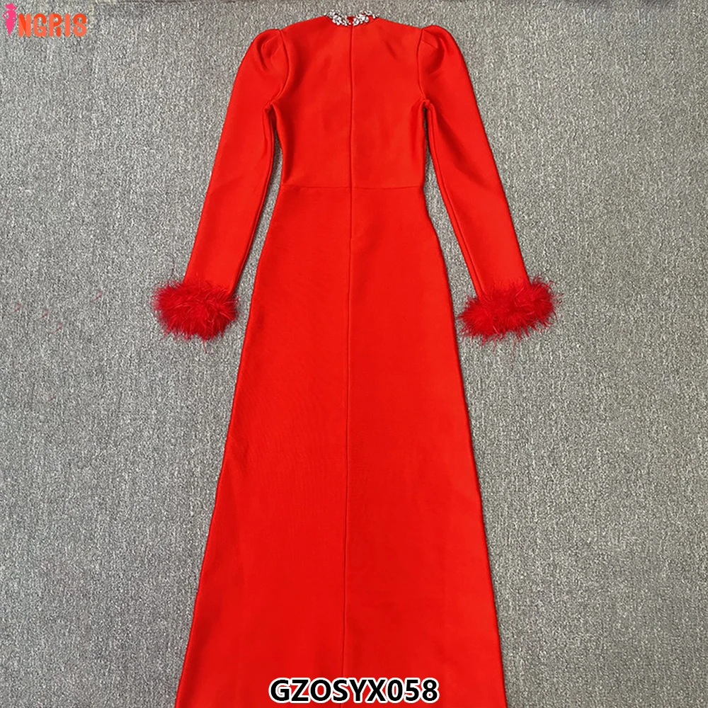 

High Quality Women's Sexy High Neck Long Sleeve Feather Bandage Maxi Dress Celebrity Party Dress-GZOSYX058
