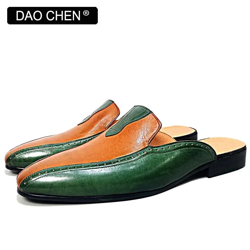 LUXURY MEN'S MULES HALF SHOES GREEN MIXED BROWN CASUAL MENS DRESS SHOES SUMMER COMFORTABLE GENUINE LEATHER SHOES FOR MEN