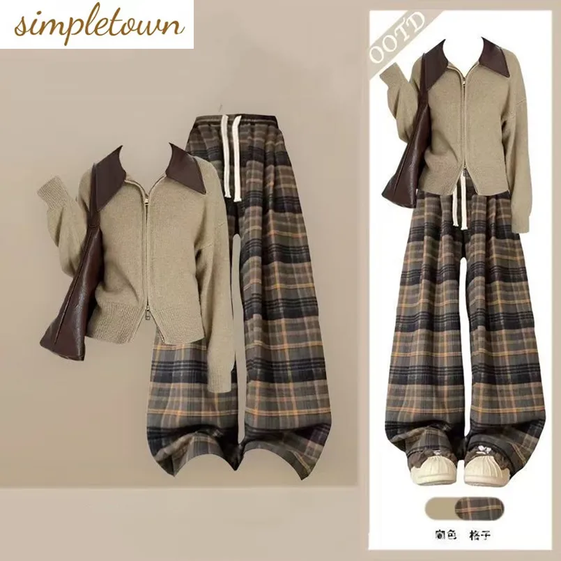 

Spring and Autumn New Fashion Style Cardigan Top+slimming Plaid Straight Leg Wide Leg Pants Two-piece Set