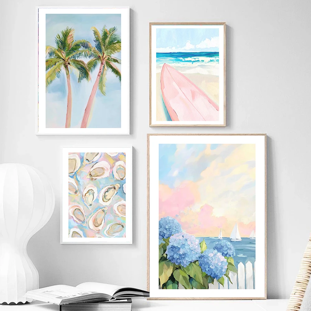 Pink and Blue Summer Seaside Villas Nantucket Hydrangea And Sailboat Landscape Art Poster Canvas Print Hotel Homestay Wall Decor