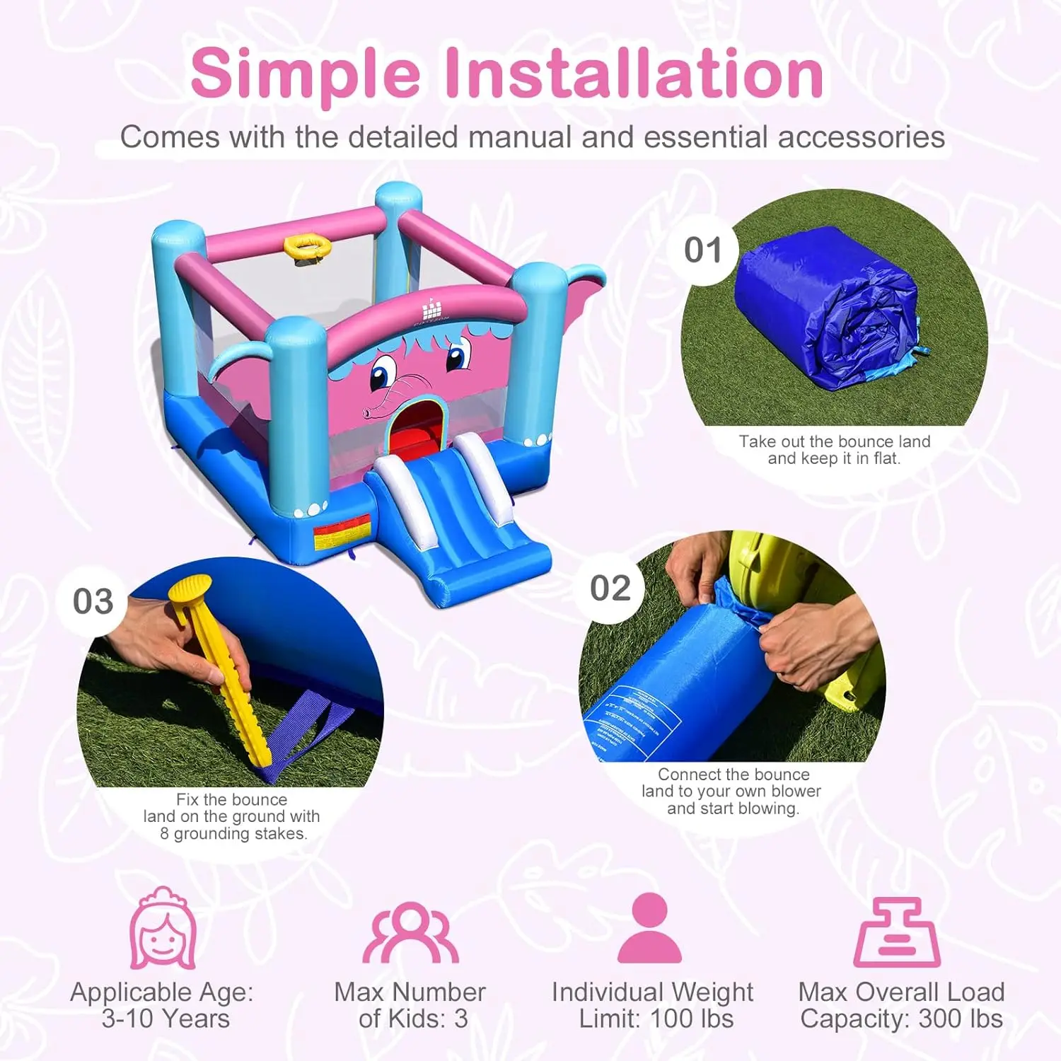 Casa inflable de rebote, casa hinchable con tema de elefante para niños, diversión familiar para fiestas en interiores y exteriores con borde de baloncesto, portátil para niños pequeños