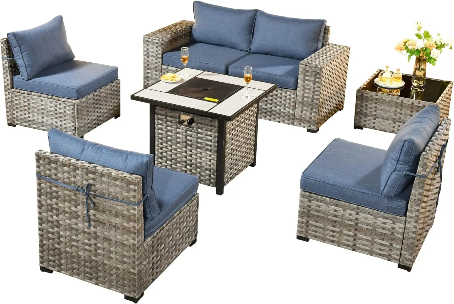 Patio Furniture Set,PE Rattan Wicker Couch, Outside Conversation Sets with Propane Fire Pit Table and Coffee Table