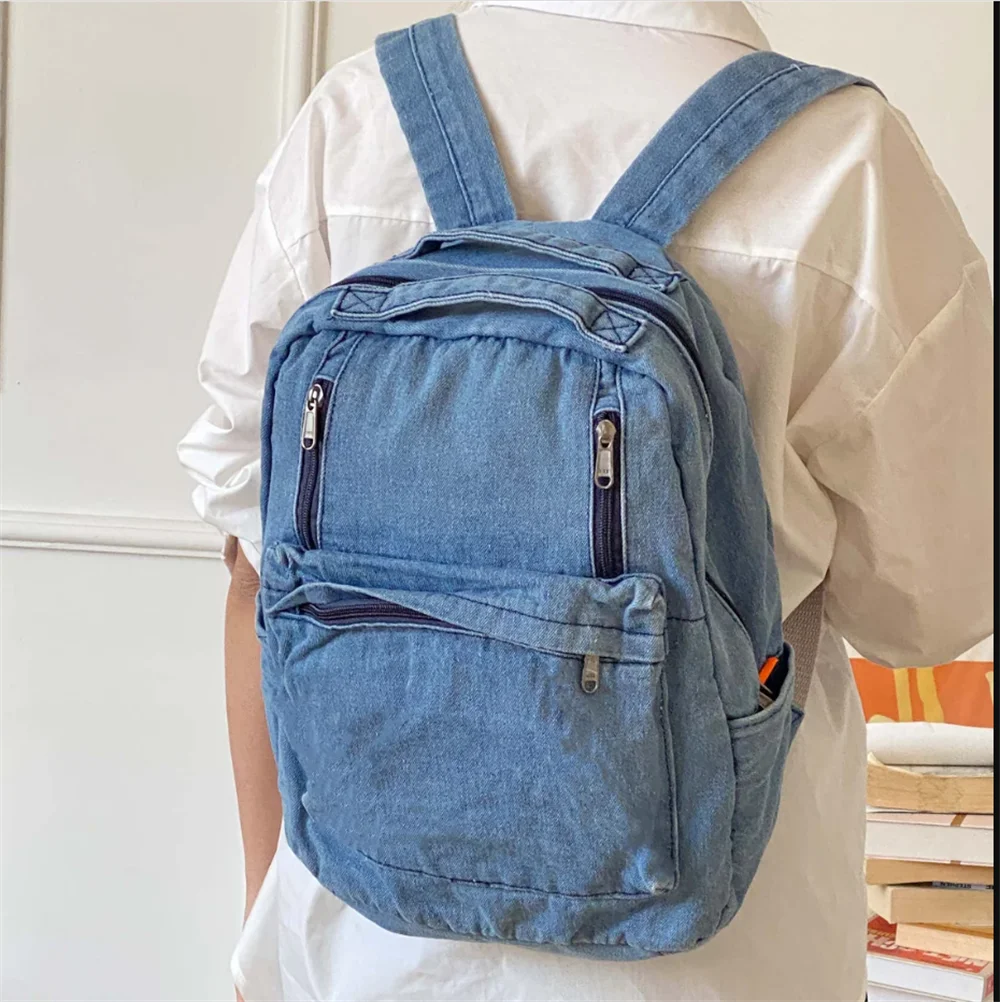 Tas ransel Denim nama personalisasi pria wanita kapasitas besar tas Denim multifungsi perjalanan kustom tas luar ruangan Retro