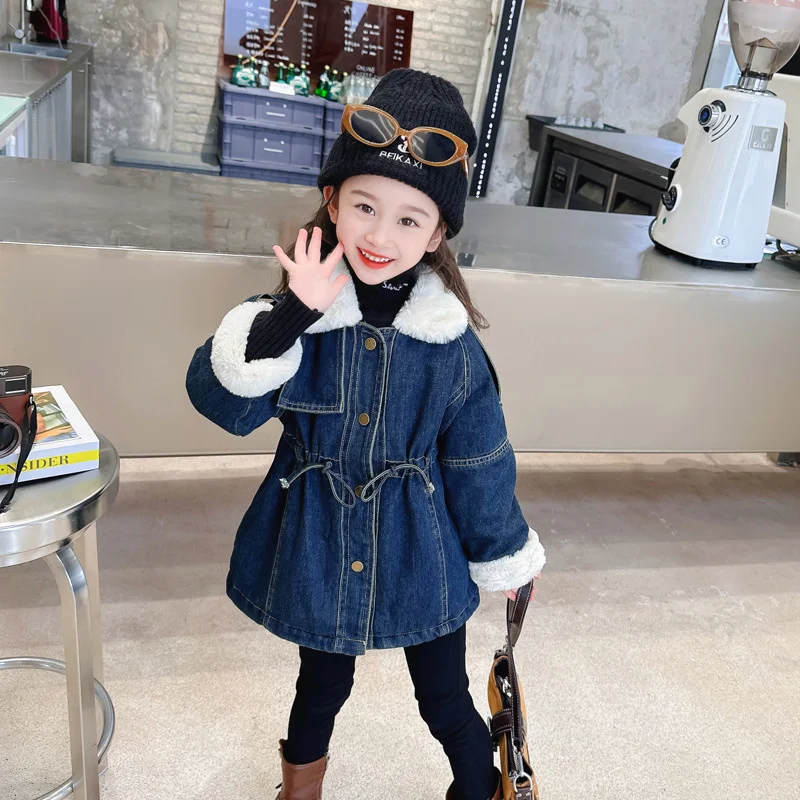 Winter Girls Padded Denim Coats Children Thicken Plush Cowboys Jackets Kids Cotton Clothing Fashion Parka Outerwear 2-8 Years