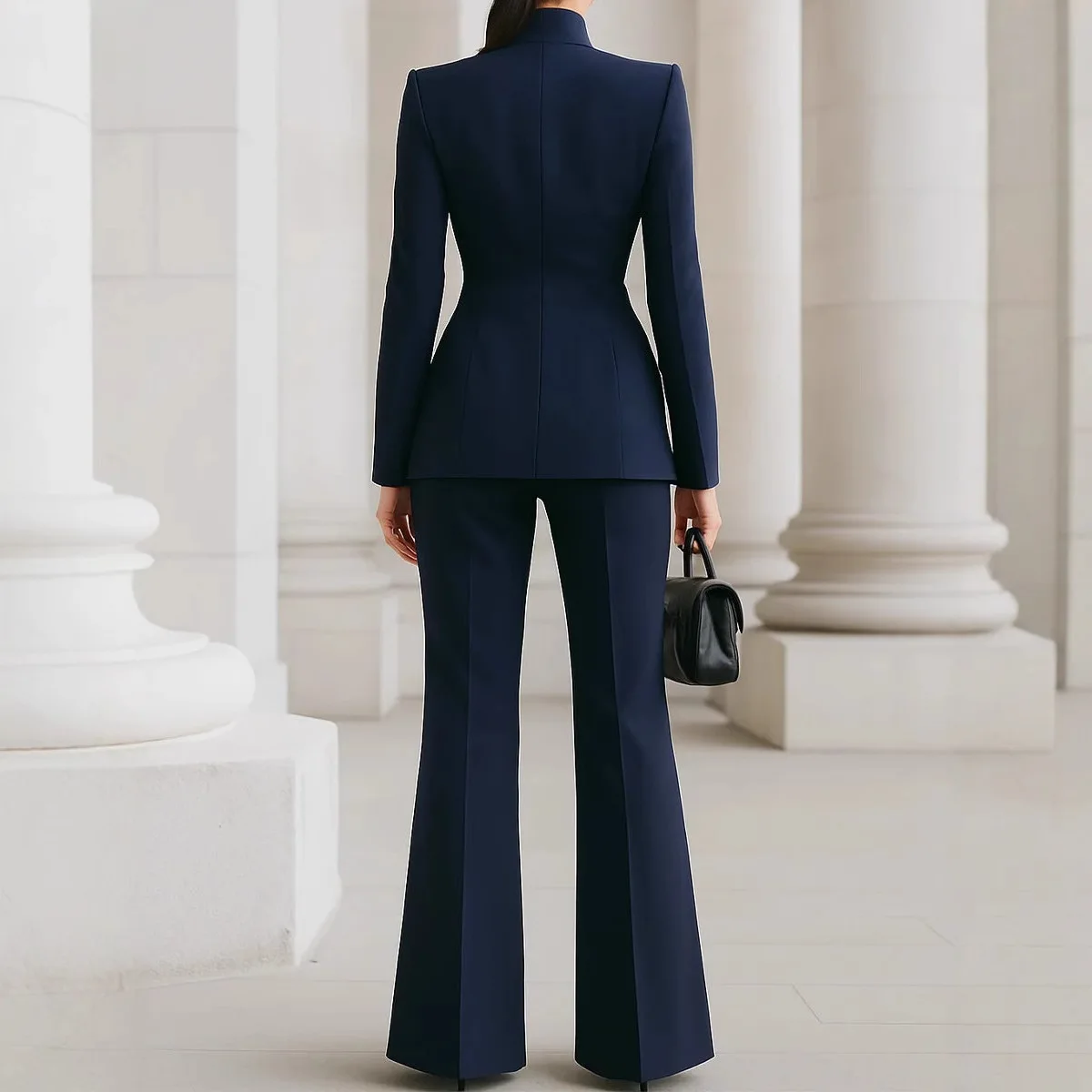 Elegant Office Lady Blazer Suit Set Stand Collar Single Button Long Sleeve Blazer and High Waist Flare Pant Two Piece Set Women