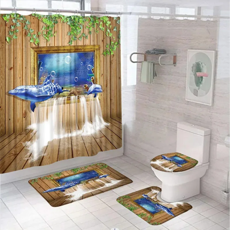

HJN23Tropical Fish Jellyfish Coral Shower Curtain Set Ocean Dolphin Animal Bathroom Curtains Non-Slip Bath Mat Rug Toilet Co6Jn