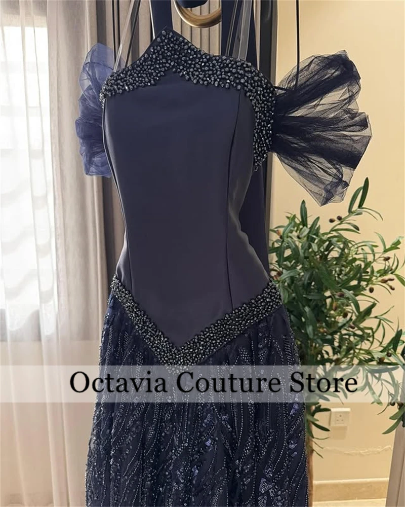 Saudi Arabic Navy Blue Sweetheart Evening Dress 2025 Formal Charming Sleeveless Beaded Crystal Gown Customized  فستان وردي image 3