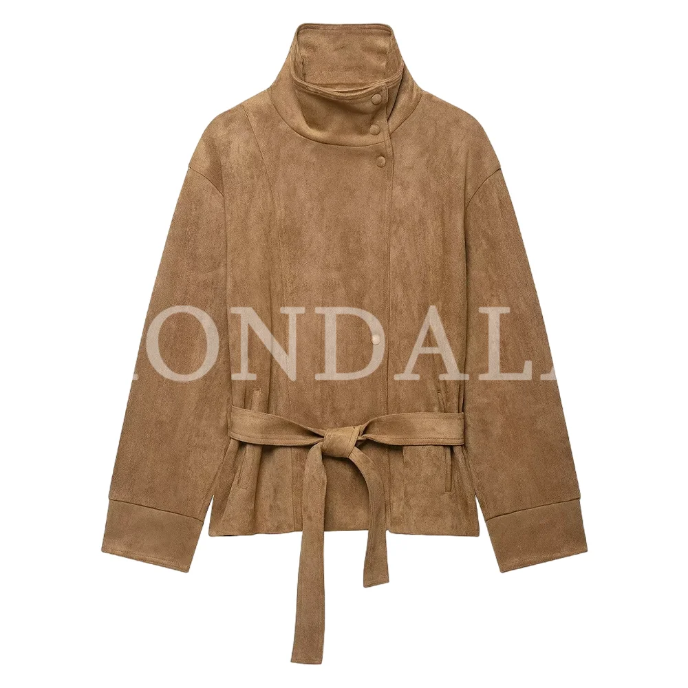 KONDALA Damen Vintage Gürtelmantel Elegante Pendlerjacke aus Kunstwildleder Neuer Herbst-Winter-Mantel 2026 Schicker Street-Style Stehkragenmantel