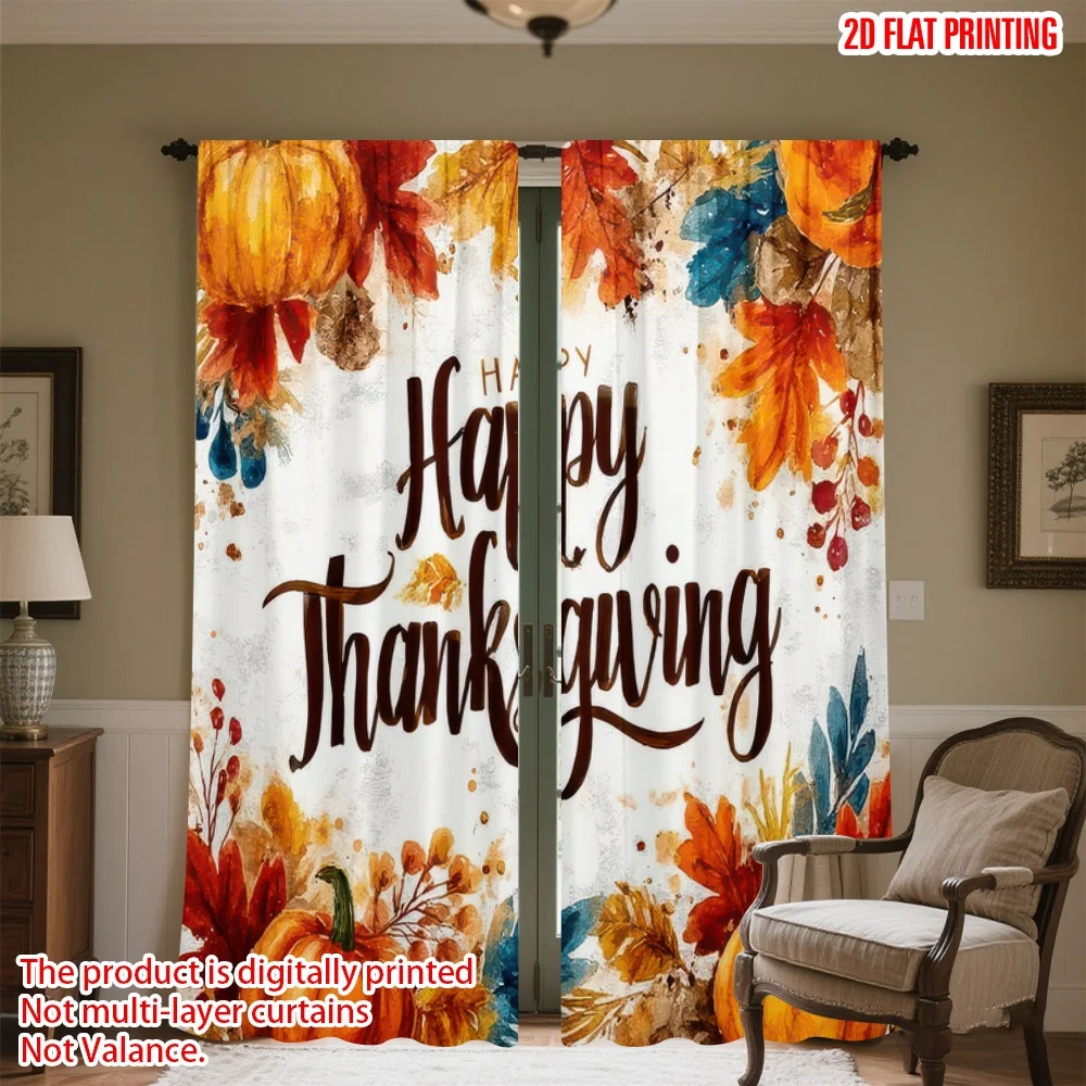 

2D flat printing 2pcs Window Curtains Thanksgiving Autumn Leaves Pumpkins Digital Printed Polyester Drapes Festive Wall Decor