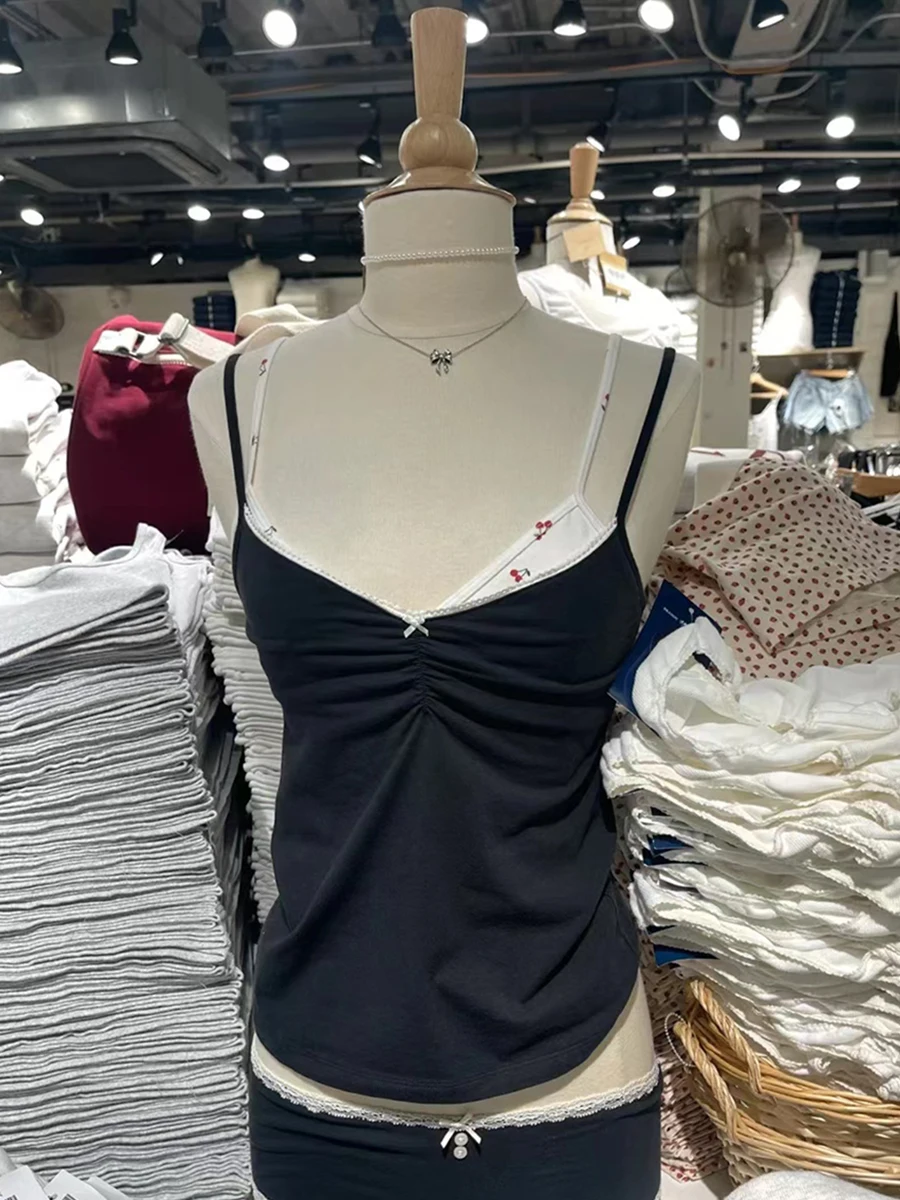Fałdy V-neck Bow Black Tank Tops Women Lace Trim Cotton Sleeveless Slim Cropped Camisole Solid Vintage Sweet Summer Crop Top Y2k