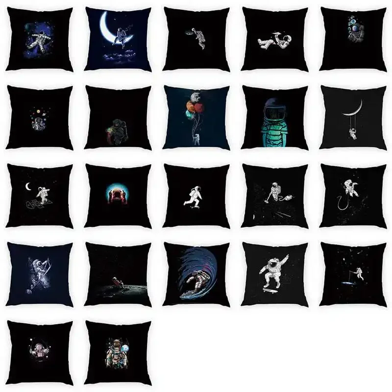 Funny Astronaut Pattern Cushion Cover  Space Moon Rocket Pillow Case Home Decoration Peach Skin   45*45cm