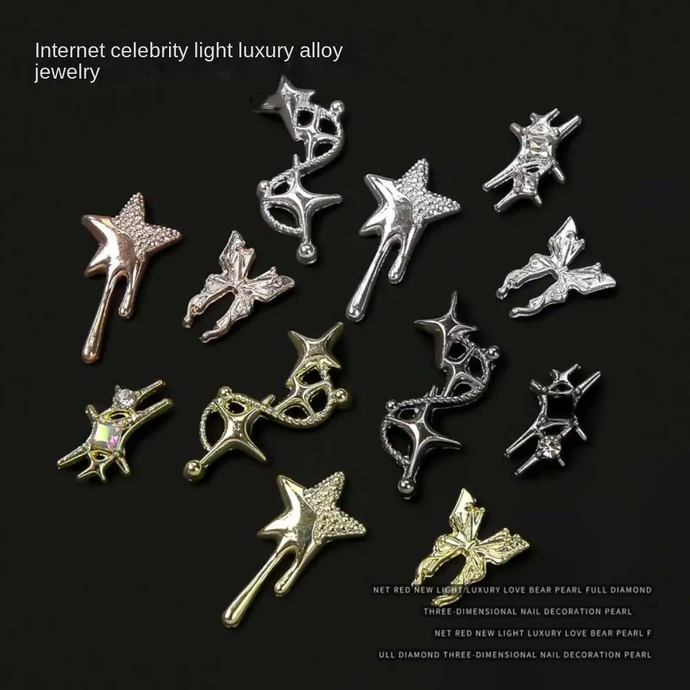 10Pcs 3D Star Alloy Rhinestone Nail Art Charms Gold/Silver Shiny Glitter Diamond Press on Nails Manicure DIY Decorations