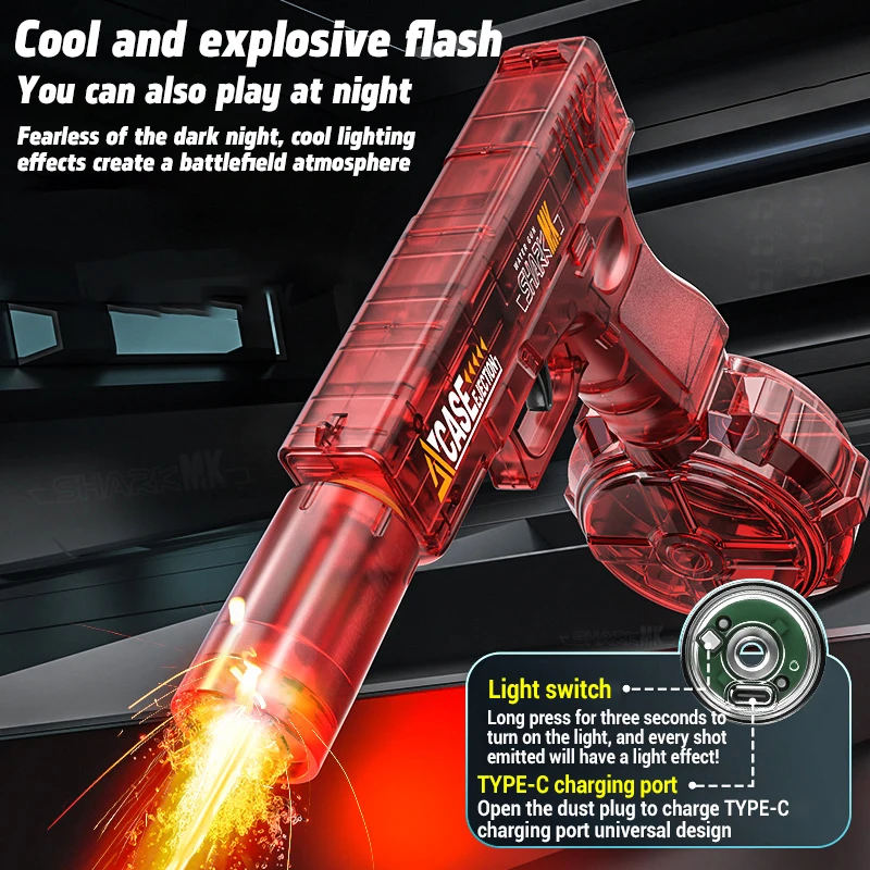 Nieuw knipperend waterpistool voor kinderen, speelgoed met verlichting, elektrisch continu afvuren, gekamerd watergevecht, buitenwaterspel