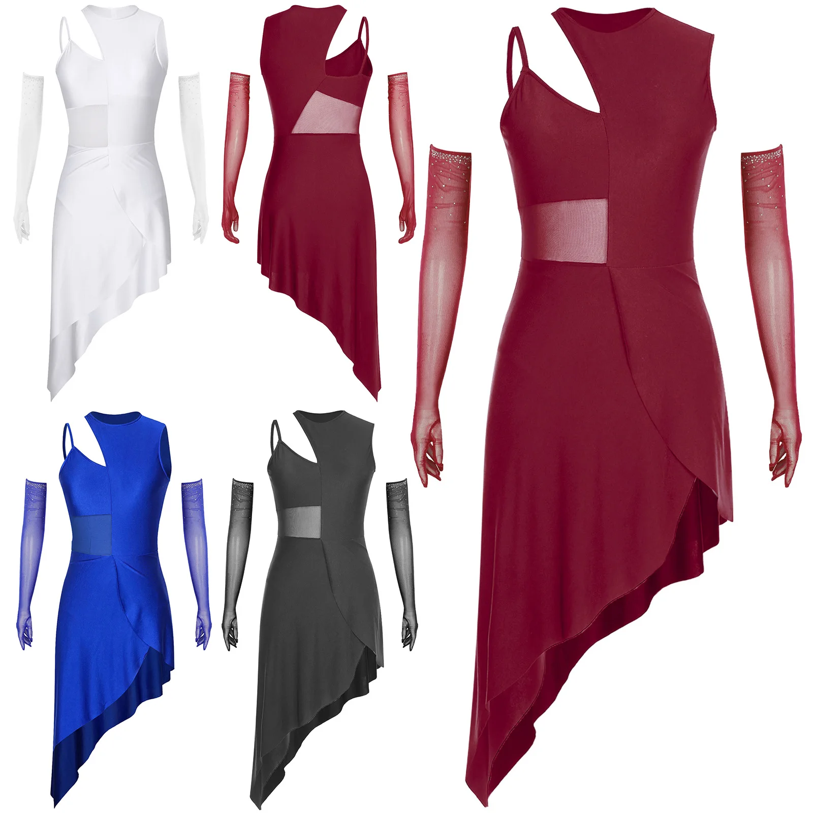 

2Pcs Womens Rhinestone Latin Dance Dress Irregular Patchwork Sleeveless Dress+Long Mesh Gloves for Cha-cha Modern Jazz Dance