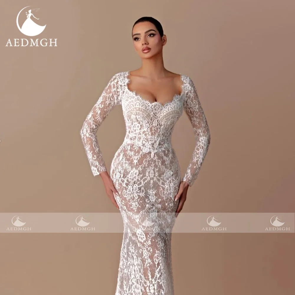 Aedmgh sirène Sexy robes De mariée festonné à manches longues robe De Novia dentelle broderie élégante sur mesure robe De mariée