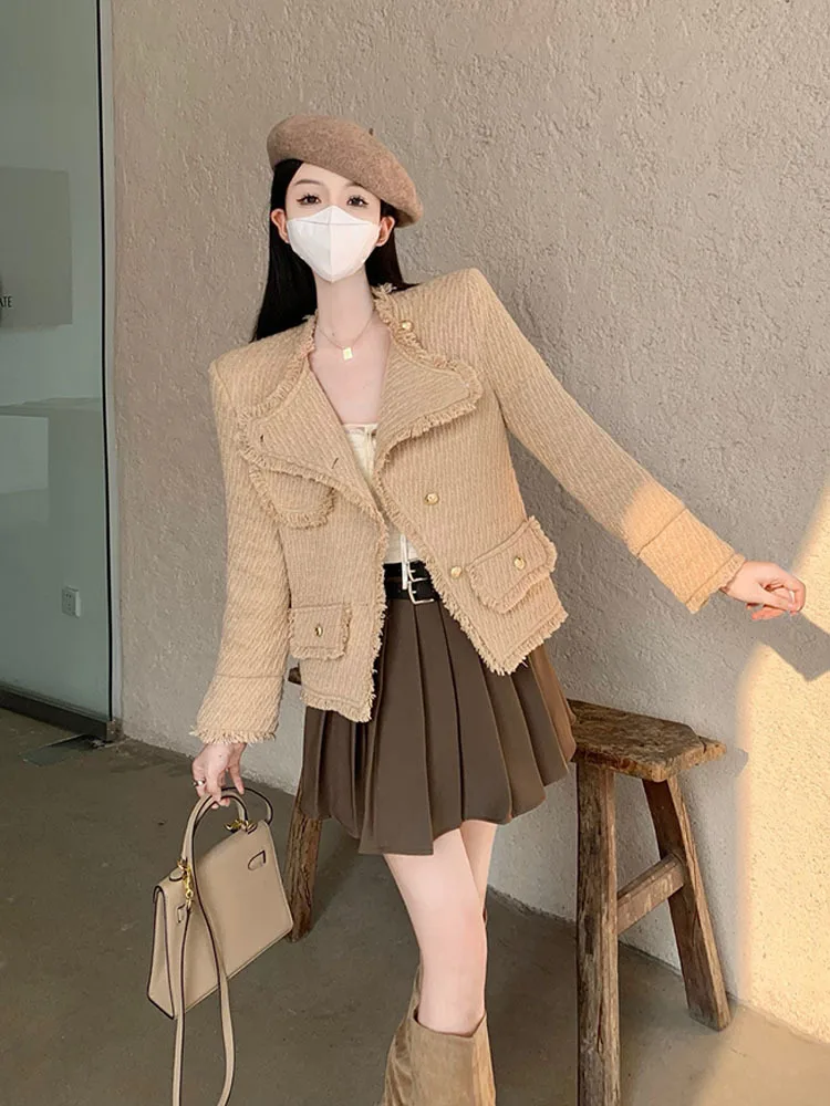 

2023 New Arrival Autumn Spring French Coffee Color Vintage Style Wool Short Coat Female Clothes