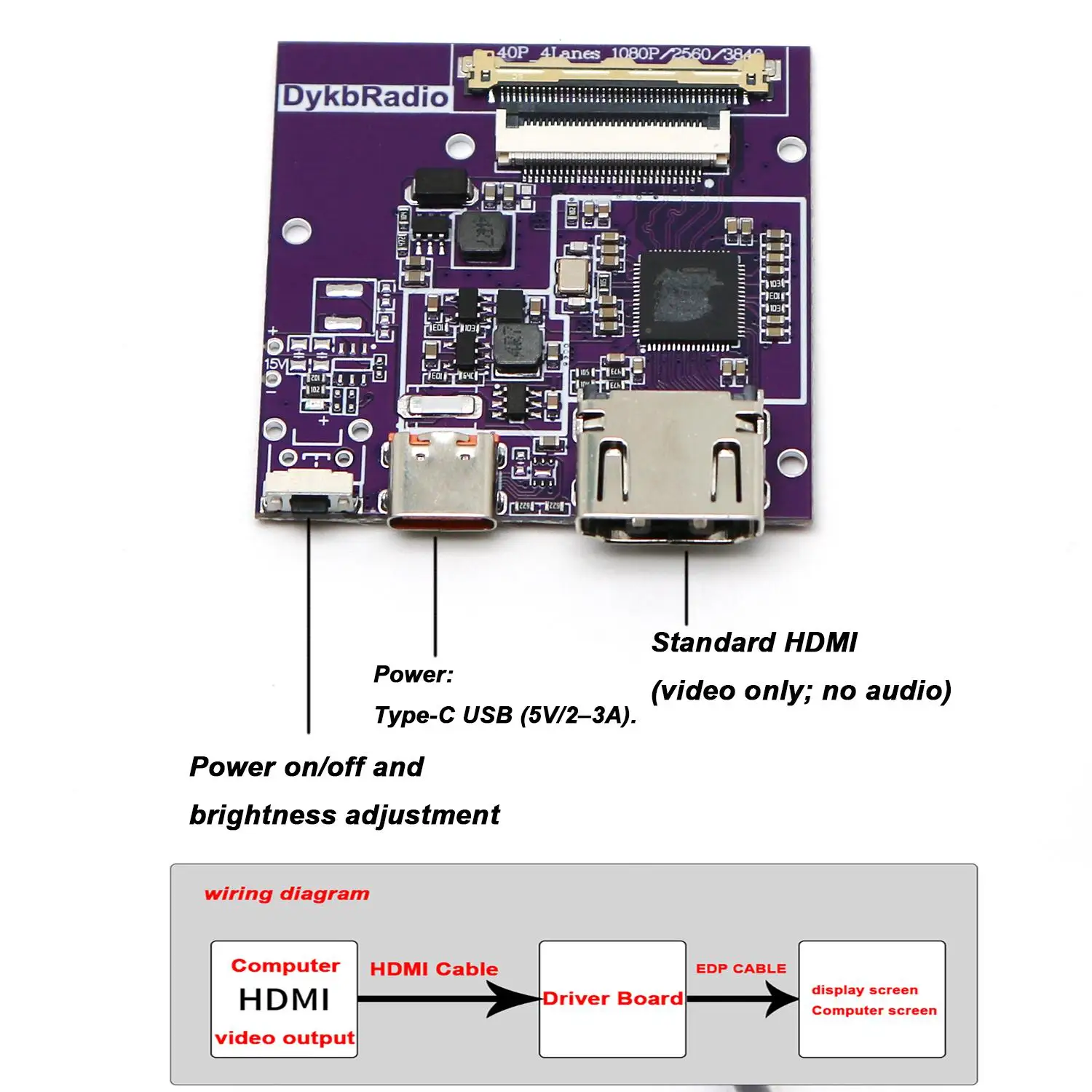DYKB HDMI-eDP Driver Board 30PIN 40PIN 2K4K 60Hz120Hz EDP Signal Display Projection Portable 10-16 Inch LCD Panel Monitor Module