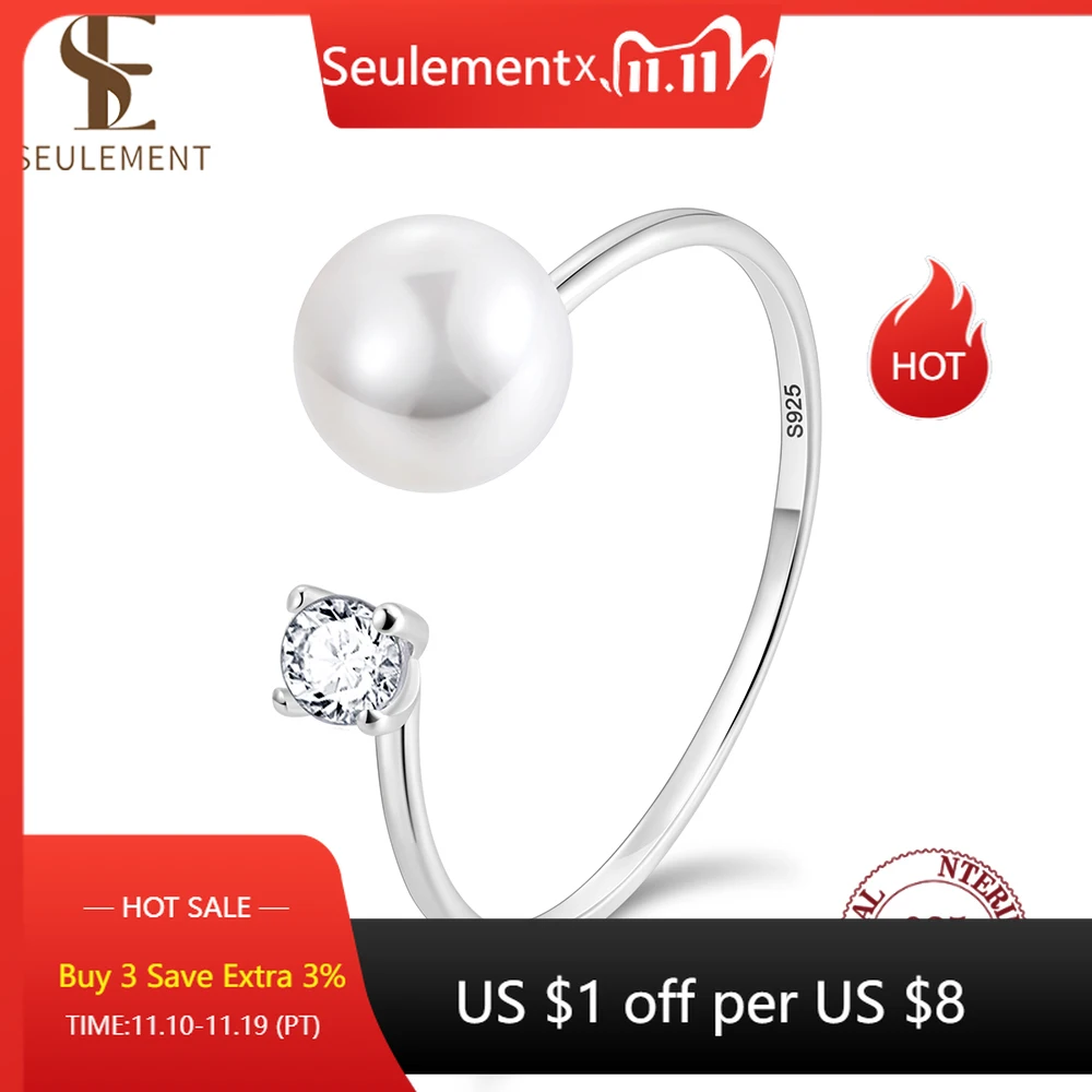 

Кольца Seulement из стерлингового серебра 925 пробы с натуральным жемчугом и сверкающим цирконом для женщин, регулируемые ювелирные изделия с темпераментом, подарки, аксессуары