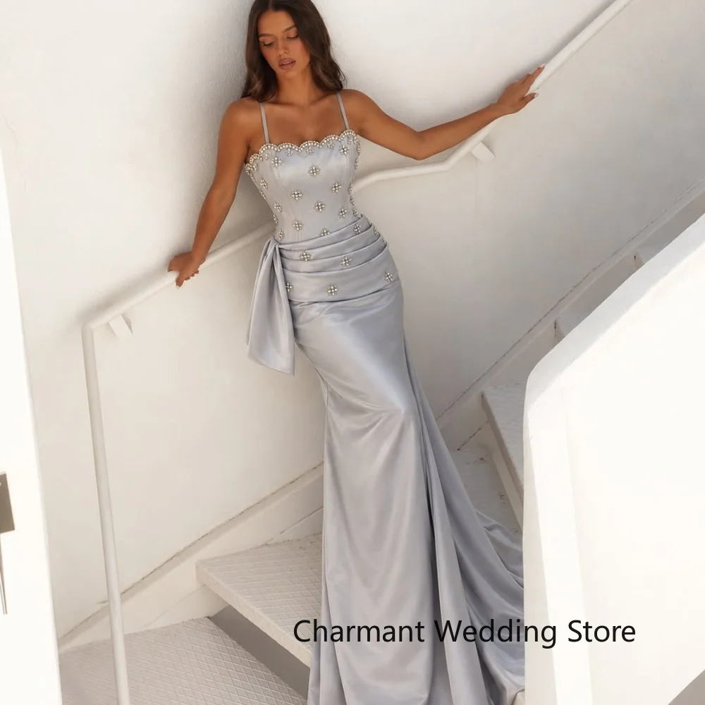 Customized Light Blue Spaghetti Strap Mermaid Prom Dress 3D Floral Beaded Bodice Big Bow Satin Evening Gown For Wedding Guest