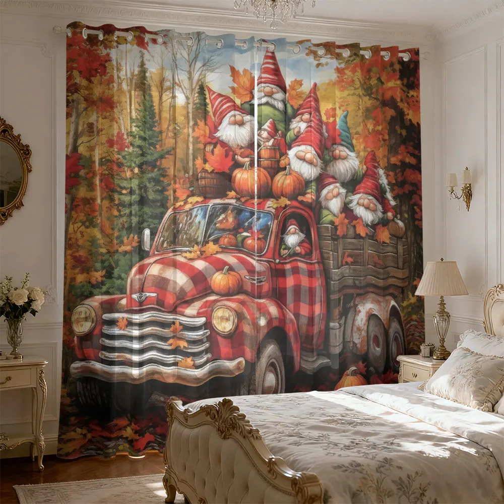 2pcs Autumn Forest Truck Gnome Pumpkin Print Curtains Living Room Bedroom Blocking Light Fashion Home Decoration Touch