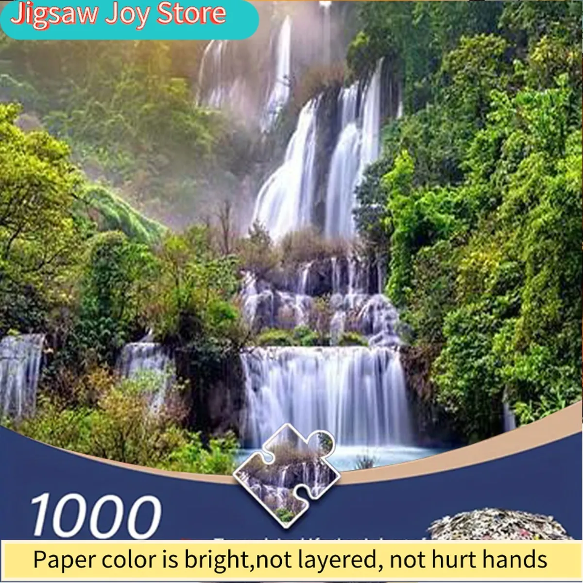 

A 1000pcs Jigsaw Puzzle for Adults Featuring Cascading Waterfalls in The Mountains, Enveloped by Greenery And Sunlight. Ideal
