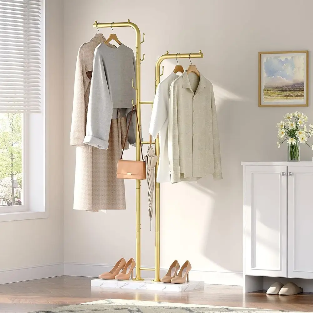 Coat Hanger Stand, Floor Standing Coat Rack, Entryway Coat Tree with 8 Hooks and Marble-Base, Double-Pole Metal Clothes Rack for