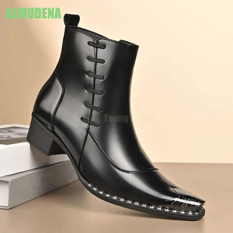 Square Toe Metal Protective Toe Ankle Boots Side Zipper Strap Low Block Heel Solid Leather Short Boot Vintage Street Trend Shoes