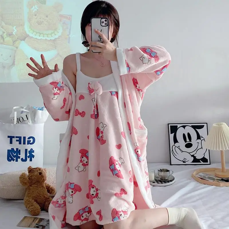 Kawaii Sanrio Pajamas Kuromi Mymelody Cinnamoroll Coral Velvet Nightgown with Two-piece Home Suit Cute Girly Heart Loungewear