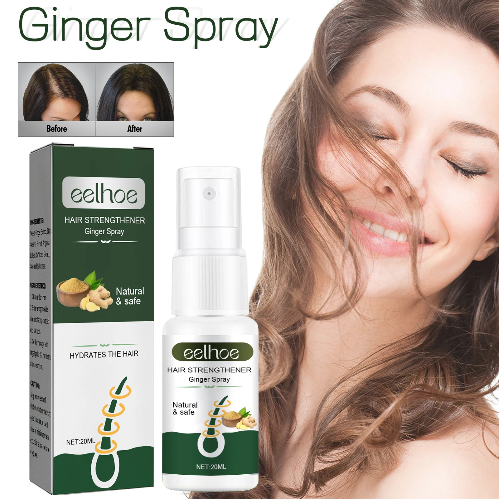 EELHOE Ginger Dense Hair Spray nourishes hair follicles, prevents hair loss and breaks hair, moisturizes shiny and thick hair ca