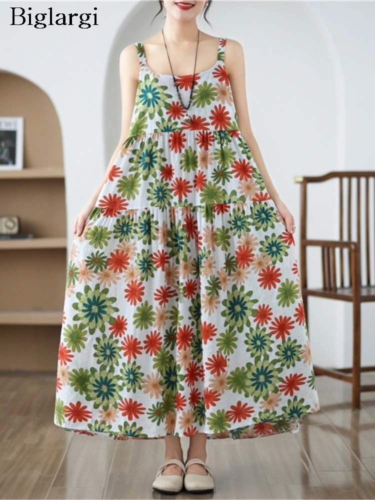 

Oversized Summer Sleeveless Slip Dress Women Flower Floral Print Fashion Ruffle Pleated Ladies Dresses Loose A-Line Woman Dress