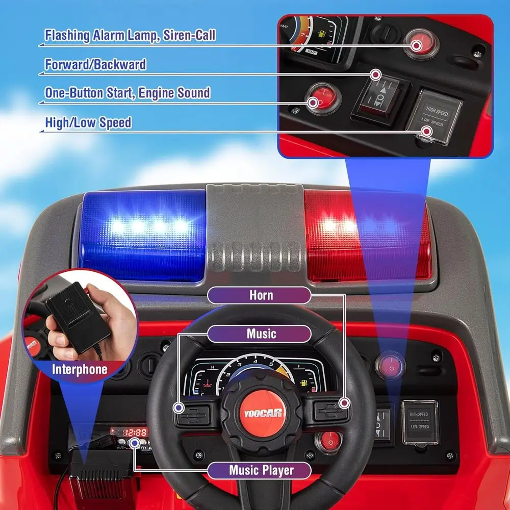 รถดับเพลิงเด็กนั่งขับ แบตเตอรี่ 12V ของเล่นรถดับเพลิงพร้อมปืนฉีดน้ำและถังดับเพลิง รีโมทคอนโทรล อินเตอร์คอม พลั่ว 1 ที่นั่ง