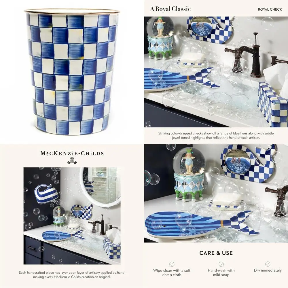 

Decorative Waste Bin for Bedroom or Bathroom, Blue and White Royal Check Pattern, Stylish Trash Can with Checkered Design