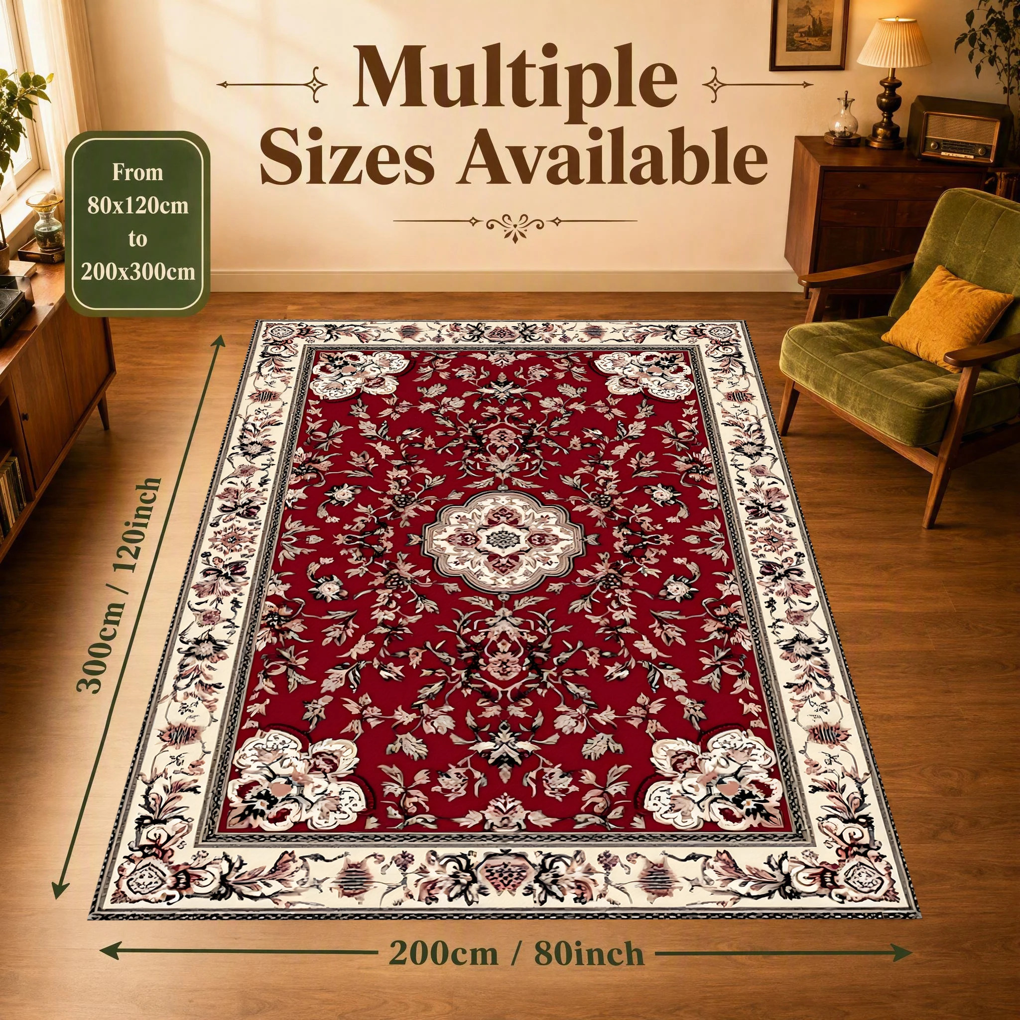 2D Large Carpet with Red Background and Classic Persian Pattern, Suitable for European Retro-Style Living Room and Bedroom, Can Be Used to Instantly Refresh Autumn and Winter Decorations