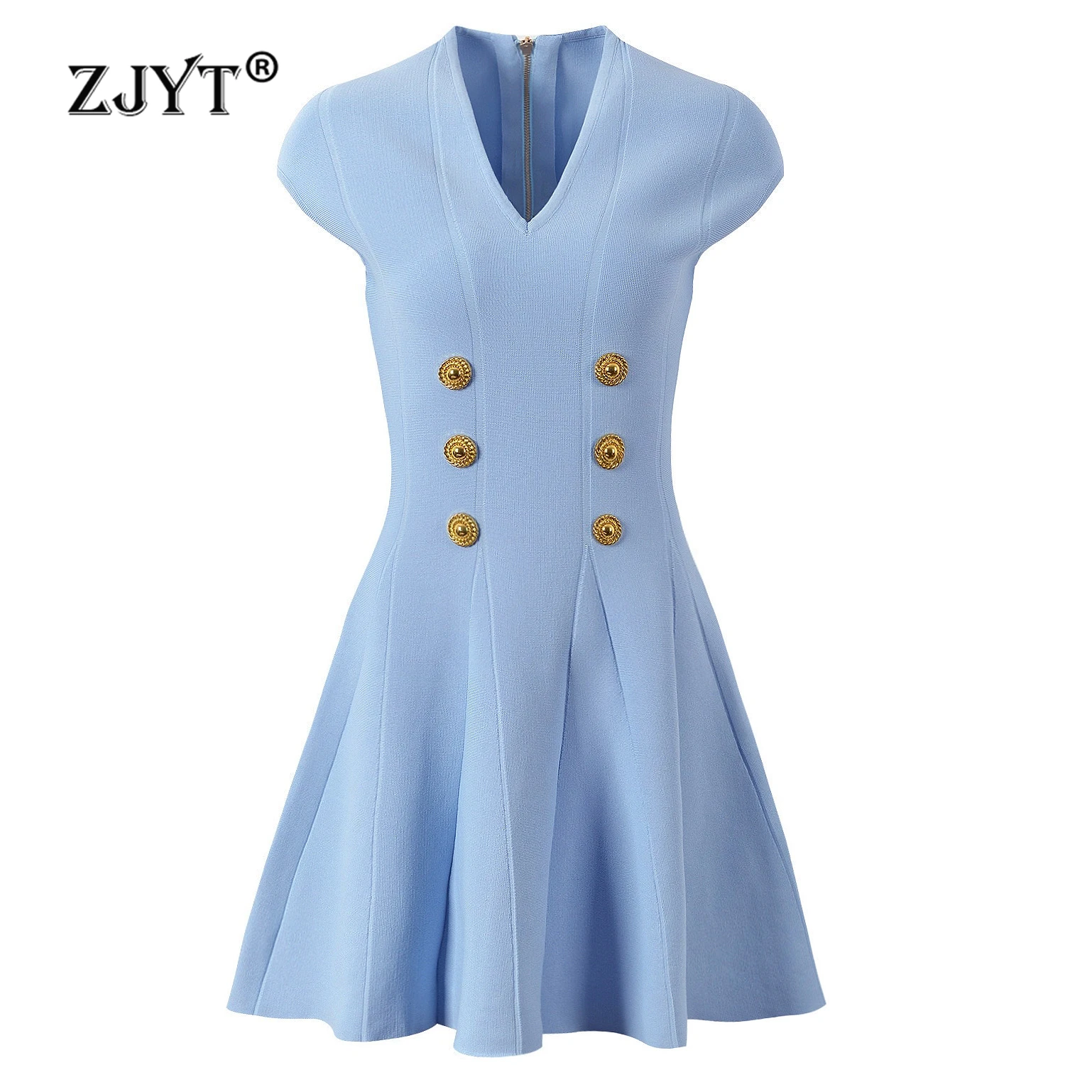 

ZJYT Fashion V Neck Knit Sweater Dresses for Women Summer Clothing Short Sleeve Buttons Mini Party Dress Elegant Knitwear 2024