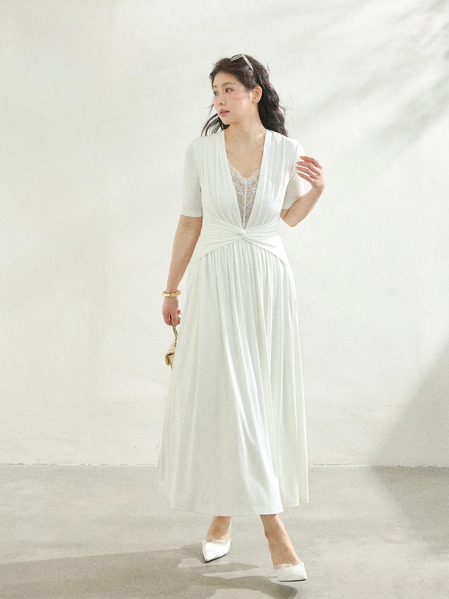 

plus Size White Lace V-Neck Long Dress Slimming Waist Design Korean Style Commute Fashion Big Size Women's Summer New Arrival