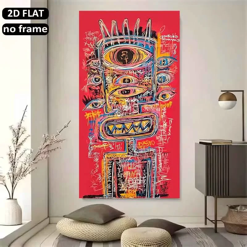 2D Flat, 1pc Large Modern Abstract Graffiti Face Wall Art with Multiple Eyes - Textured Canvas Painting,-Scale Suitable for Livi