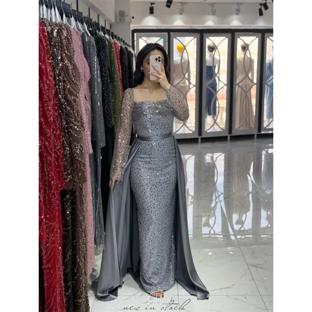 Cathy Customized Sliver Sequins Mermaid Prom Dress Square Neck Long Sleeves vestidos de noiva Detachable Train Evening Dresses