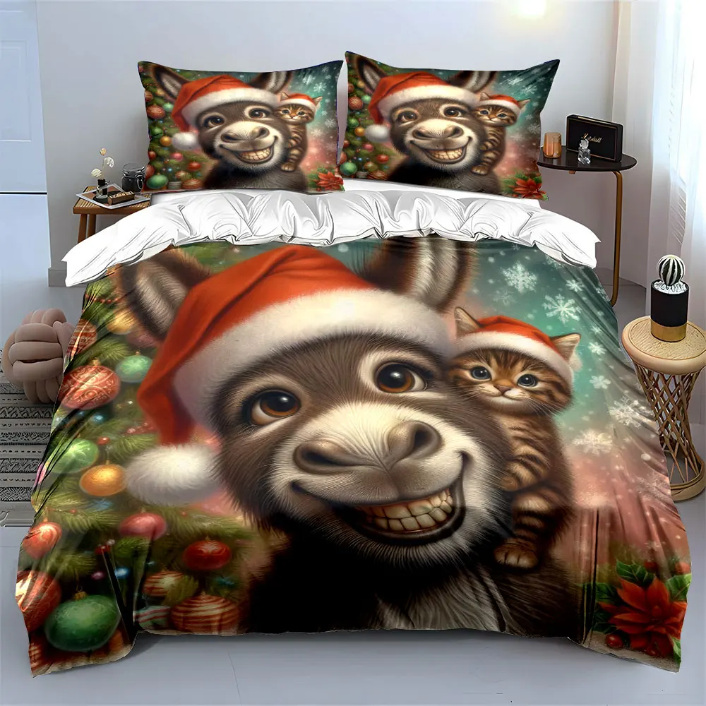 Festive donkey and kitten with Christmas joy Print Duvet Cover Bedding Set Included 1*Duvet Cover 2*Pillowcases Luxury gifts