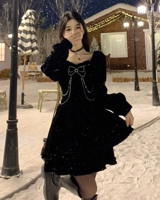 عيد الميلاد الخريف الشتاء جديد كبير الحجم فساتين مخملية حمراء أنيقة فتاة الفرنسية ساحة طوق عالية الخصر طويلة الأكمام فستان كوري