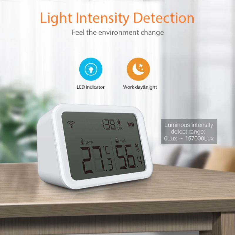 Large Display Temperature Sensor Indoor Light Intensity Detection Tuya Smart App Control Humidity Detector