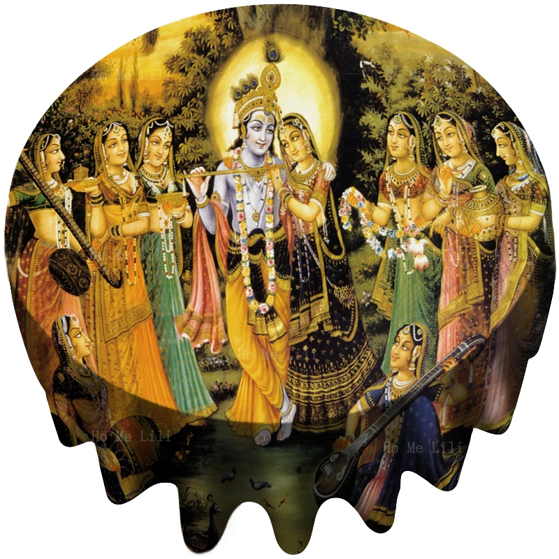 

Krishna Raas With Radha And Eight Chief Gopis Hindu Religion Waterproof Round Tablecloth By Ho Me Lili For Tabletop Decor