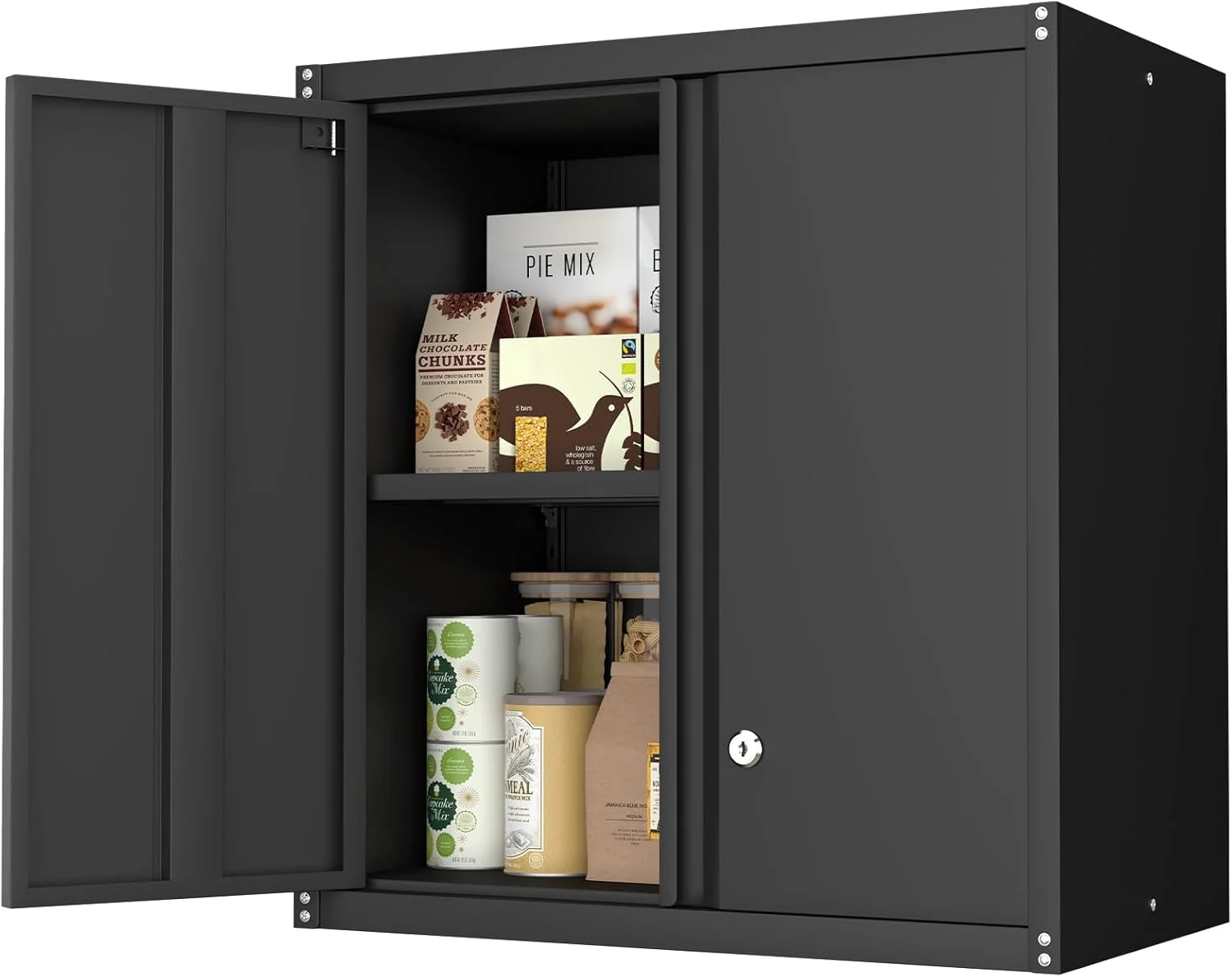 Locking Wall Cabinet with 2 Doors, Heavy-Duty Steel Storage for Garage, Home Office, Gym - Black