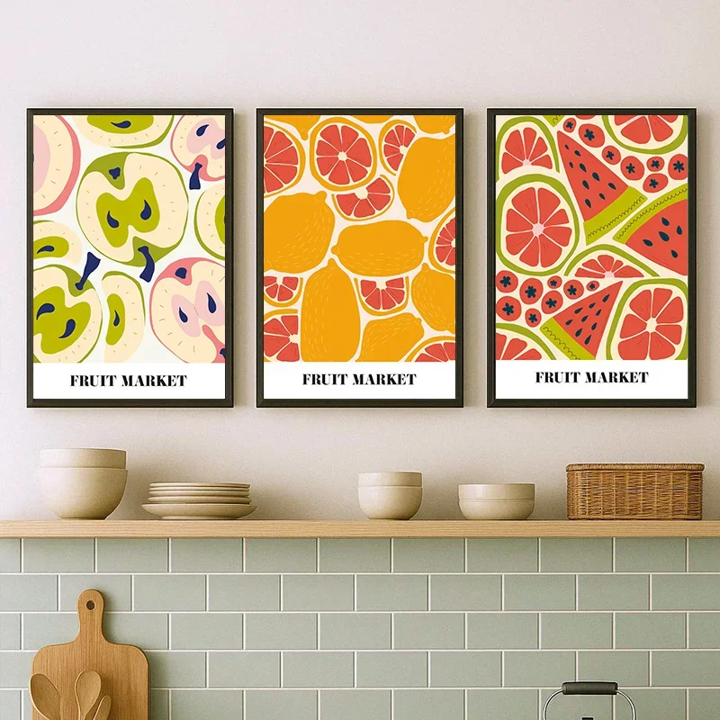 Modern Colourful Fruit Market Poster Kitchen Cartoon Fruit Prints Canvas Painting Wall Art Pictures Home Room Kitchen Decoration