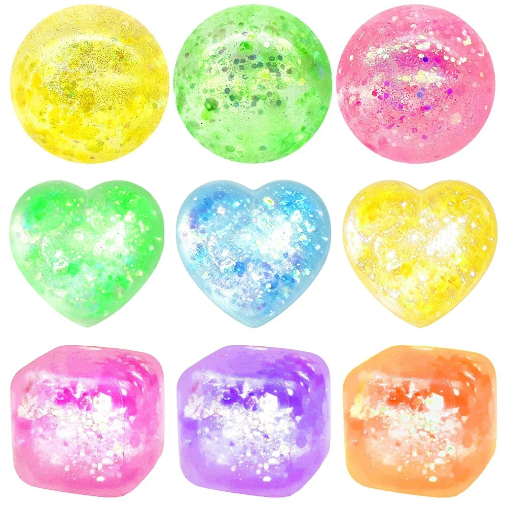 Maltose Glitter Squishy Stress Relief Balls Love Square & Round Fidget Toys Bulk Squeeze Sensory Balls for Party Favors