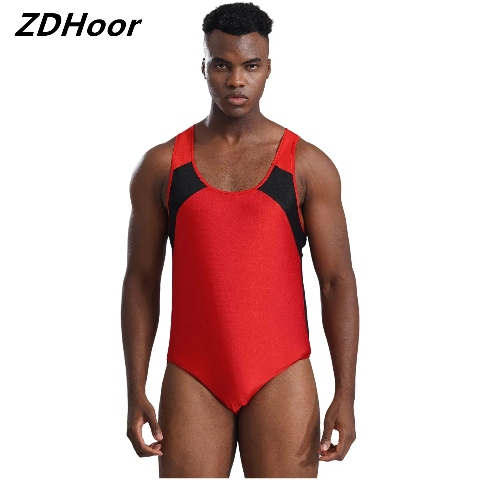 Homens wrestling singlet collant u pescoço tanque bodysuit sem mangas shapewear jockstrap ginástica fitness macacão
