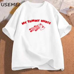 My Tummy Hurts Bear Meme Graphic T Shirts Cotton Short Sleeve T-shirts Oversize Man Clothes Funny Print Tees Shirt Men's Clothes