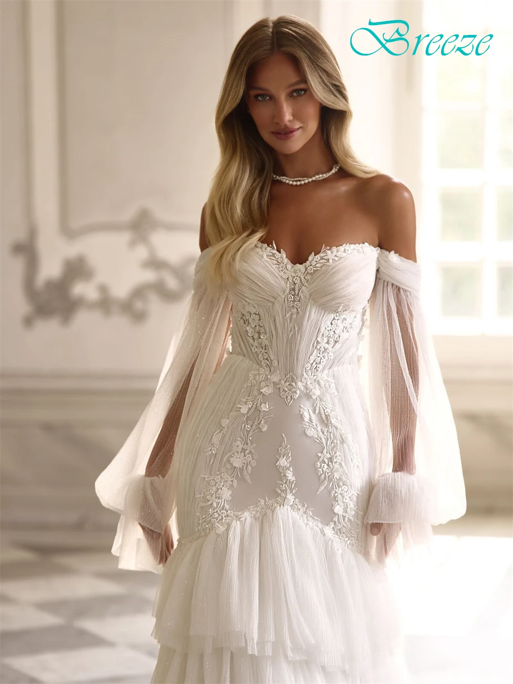 Aangepaste zachte witte chiffon trouwjurk formele lieverd lange mouwen bruidsjurken boho zeemeermin sweep trein robe de mariée